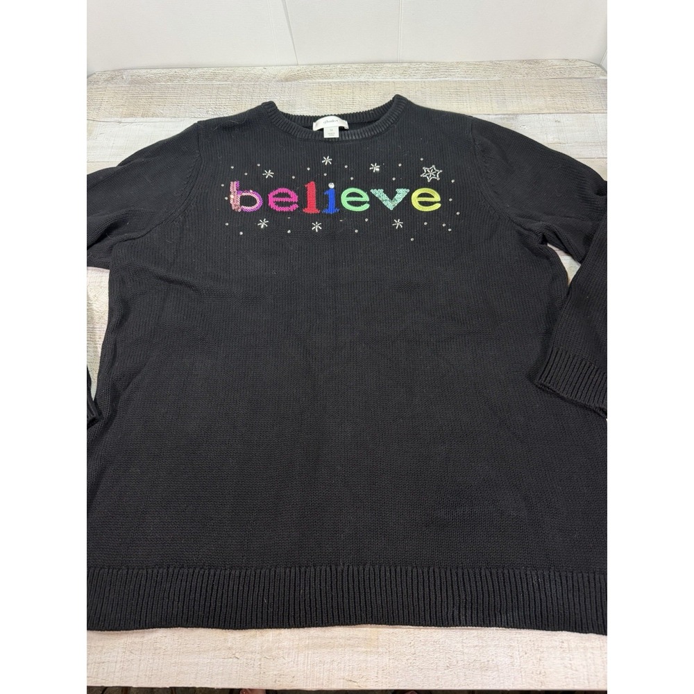 CJ Banks Womens 1X Believe Christmas Sweater Black Sequin Rhinestone Holiday